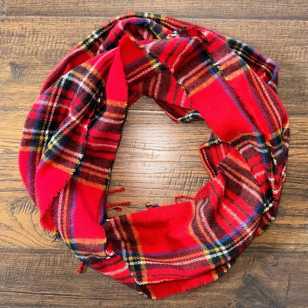 Red Tartan Plaid Scarf with Fringe Ends